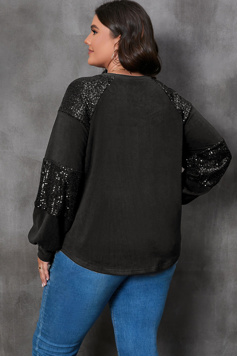 Black Sequin Patchwork Crew Neck Long Sleeve Top