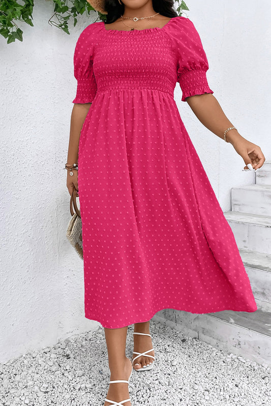 Sachet Pink Swiss Dot Smocked Frilled Neckline Short Sleeve Dress