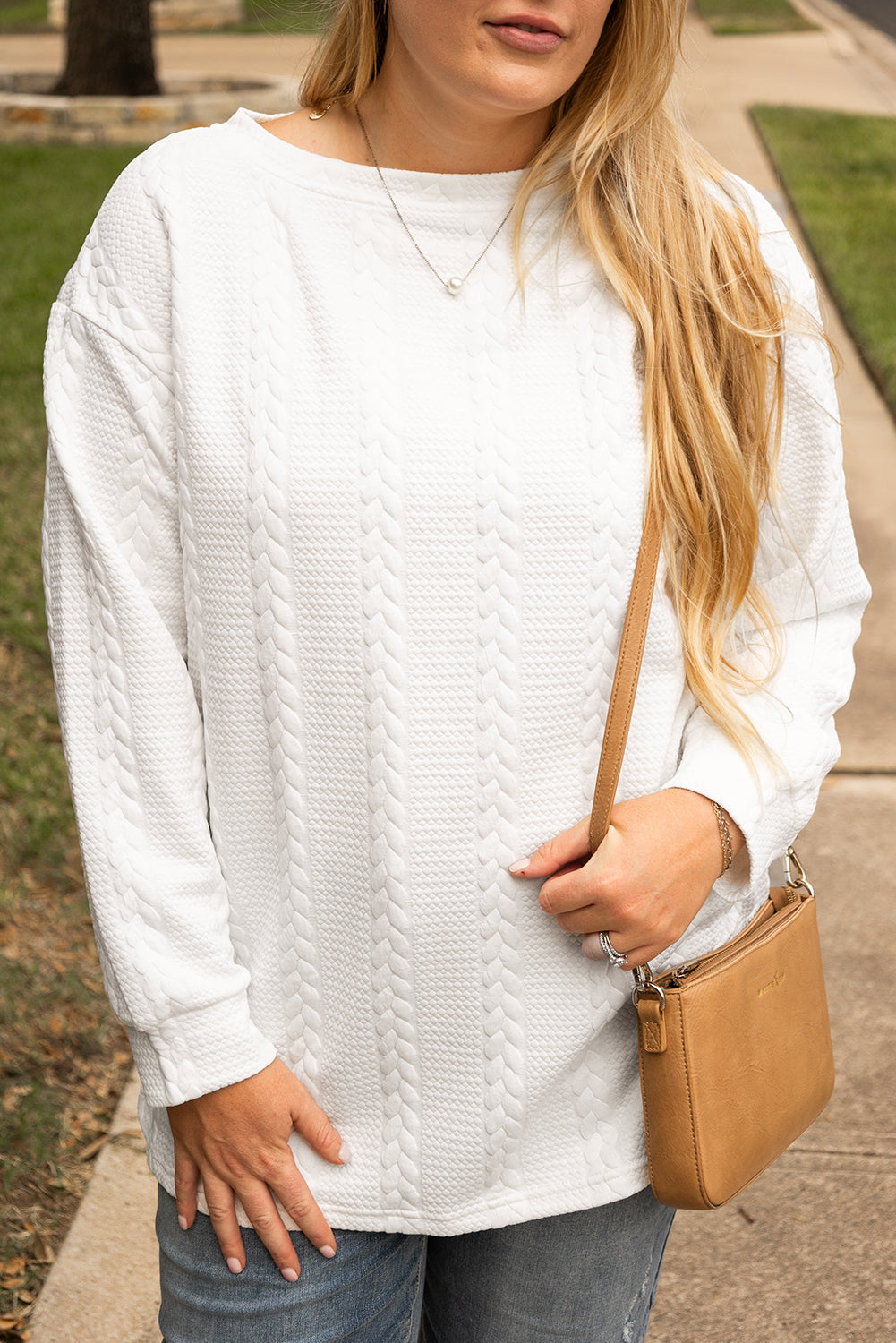 White Cable Textured Loose Sweatshirt