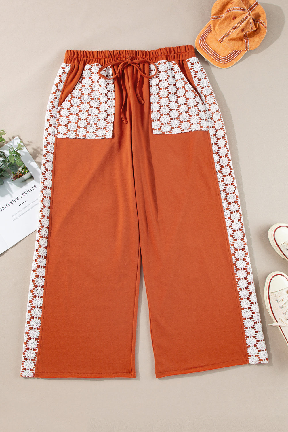 Gold Flame Floral Crochet Patch Drawstring Wide Leg Pants