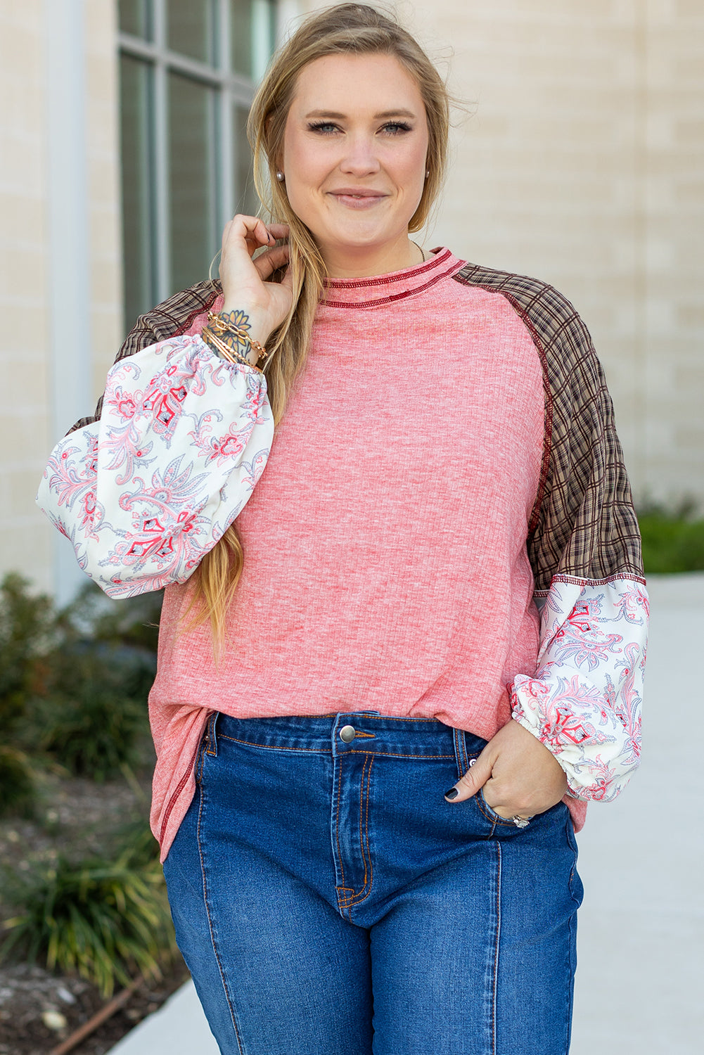 Pink Checkered Paisley Patchwork Raglan Sleeve Seamed Top