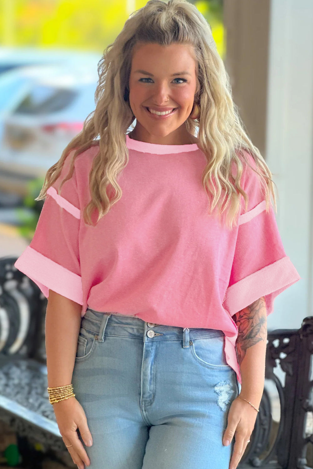 Peach Blossom Two Tones Patchwork Half Sleeve T Shirt