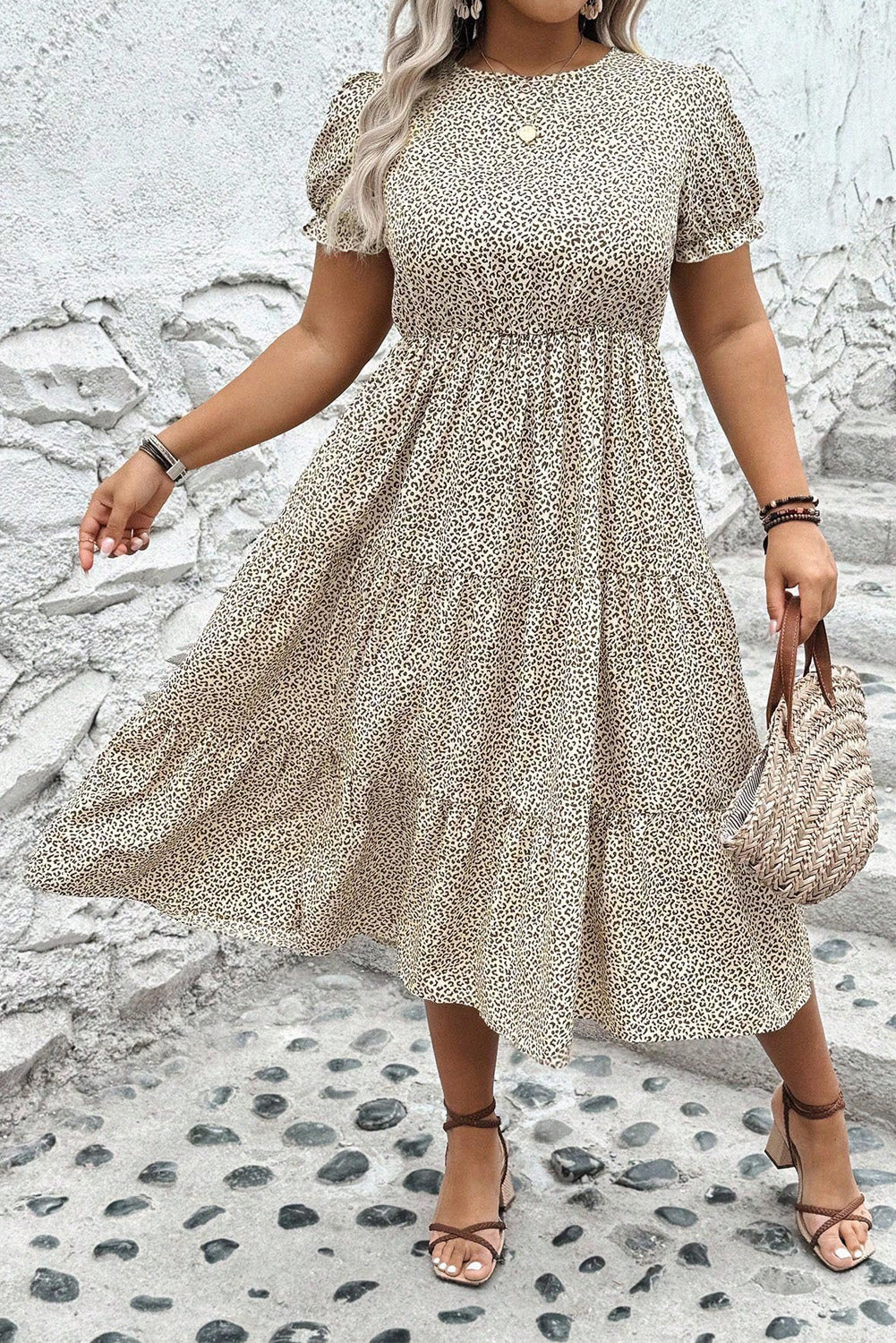 Beige Leopard Print Frill Trim Short Sleeve Flared Dress