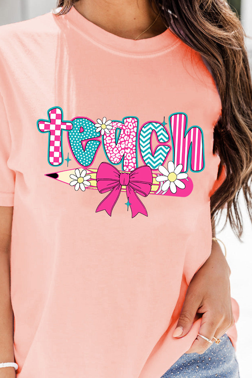 Pink Preppy Retro Checkered Coquette Teach Graphic T-Shirt (Extended Sizes)