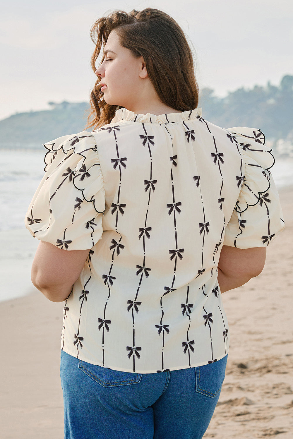 Apricot Bow Printed Ruffled Bubble Sleeve Lace-up Notched Neck Blouse