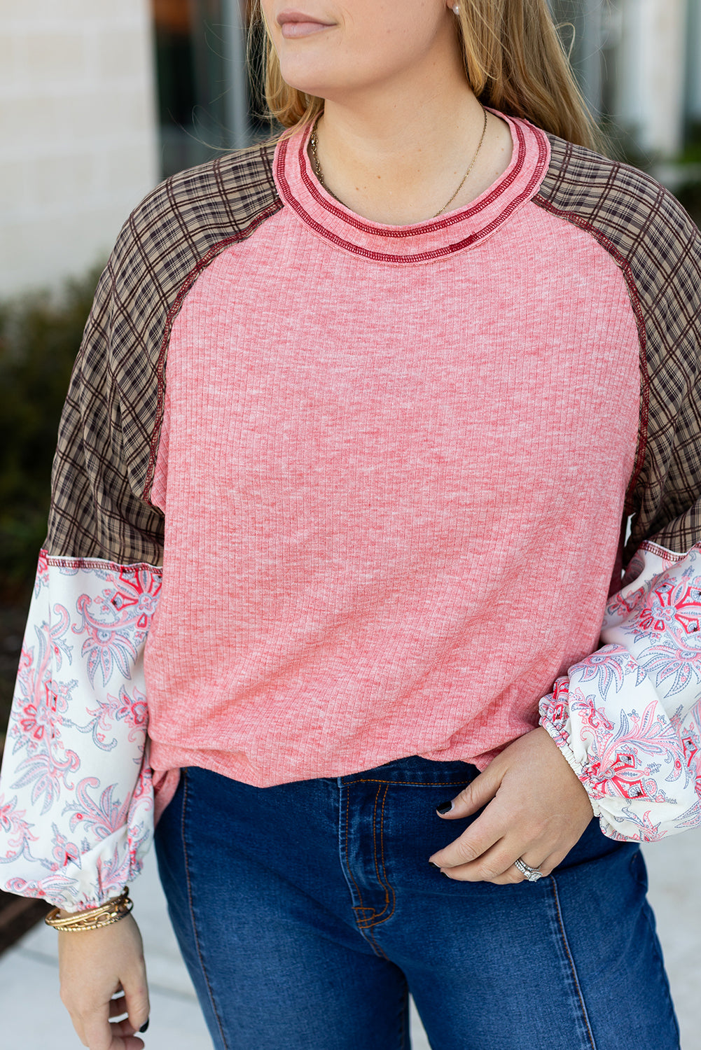 Pink Checkered Paisley Patchwork Raglan Sleeve Seamed Top