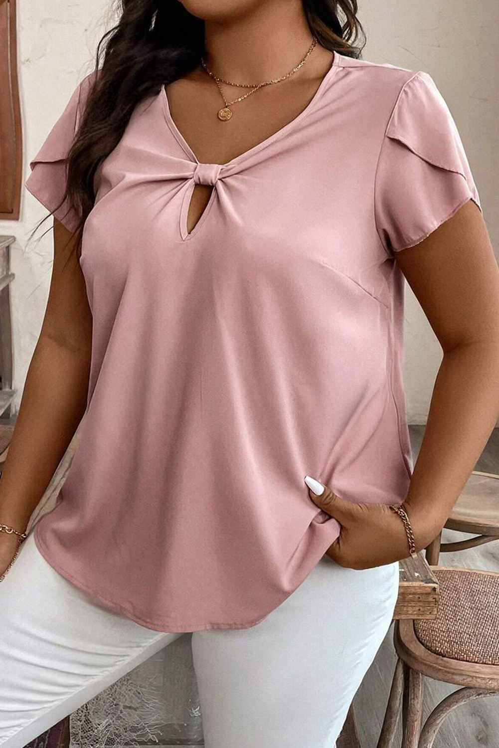 Pink Knotted Keyhole Front Petal Short Sleeve Top