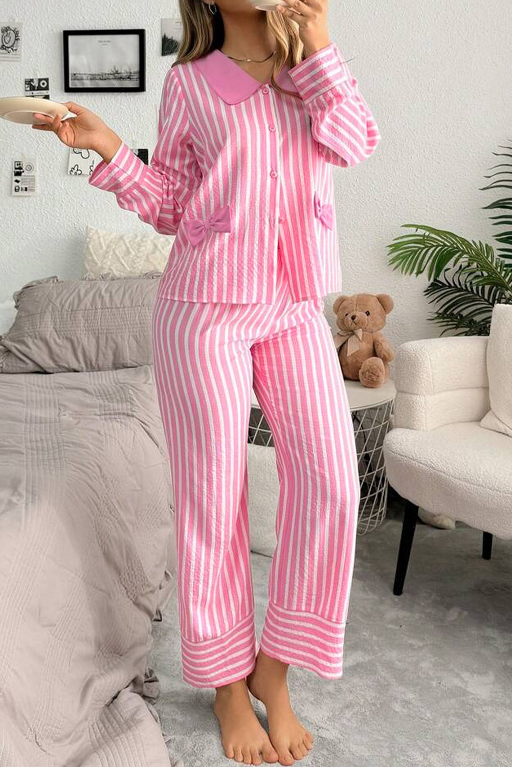 Pink Stripe Buttoned Long Sleeve 2 Piece Sleepwear