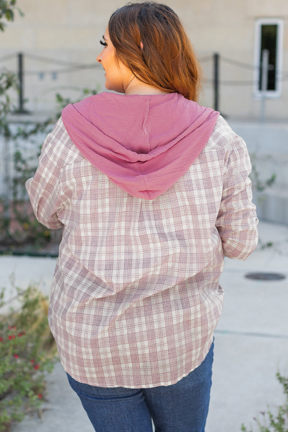 Bonbon Plaid Print Drawstring Hooded Button-up Shirt