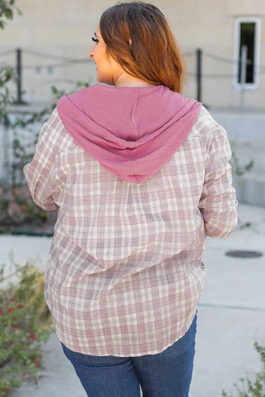 Bonbon Plaid Print Drawstring Hooded Button-up Shirt