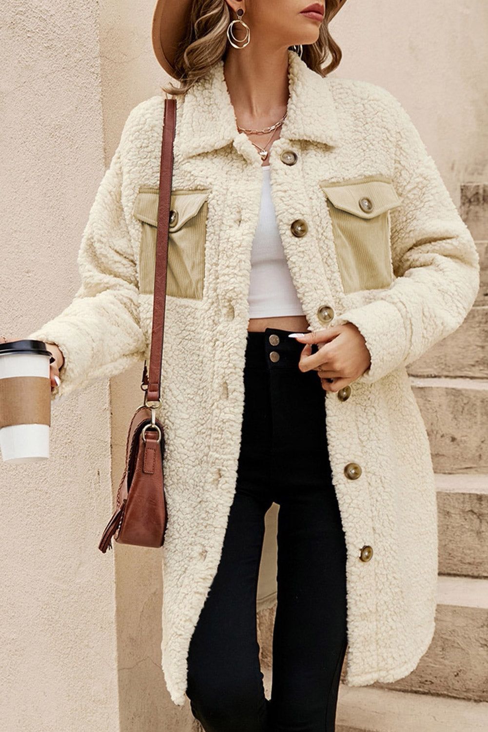 Beige Contrast Flap Pocket Single Breasted Teddy Coat (Extended Sizes)
