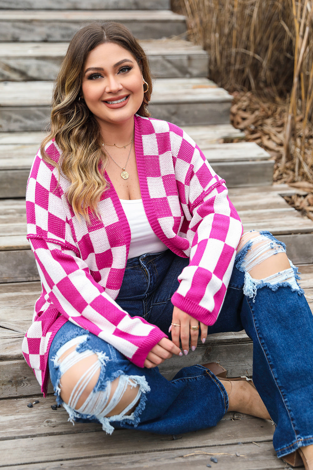 Bonbon Checkered Pattern Open Front Cardigan