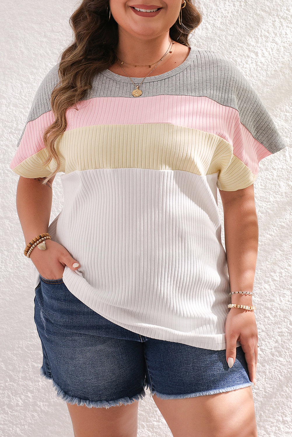 White Colorblock Patchwork Batwing Sleeve Ribbed T Shirt
