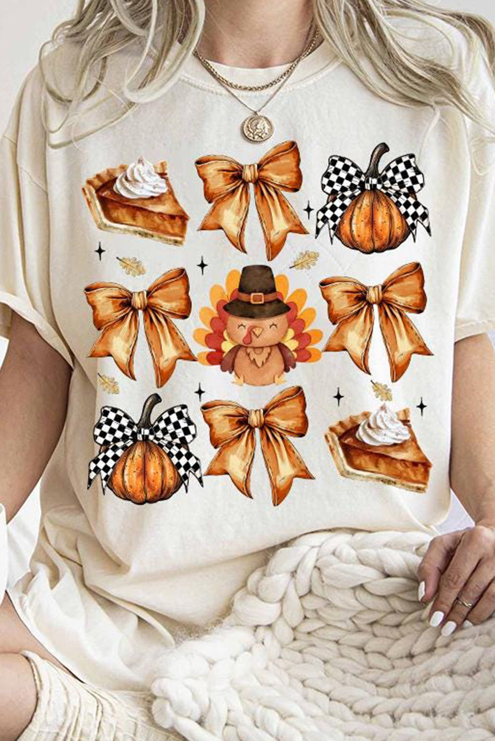 White Cute Bowknot Tanksgiving Graphic Crewneck T Shirt (Extended Sizes)