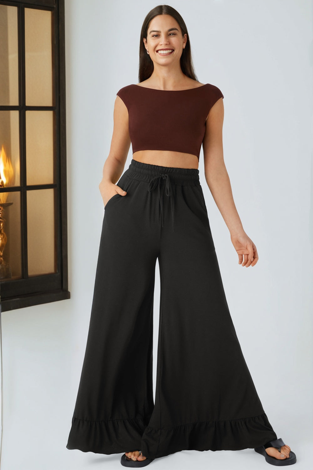 Ruffled Wide Leg Pull On High Waist Pants with Pockets (Other Colors)(Extended Sizes)
