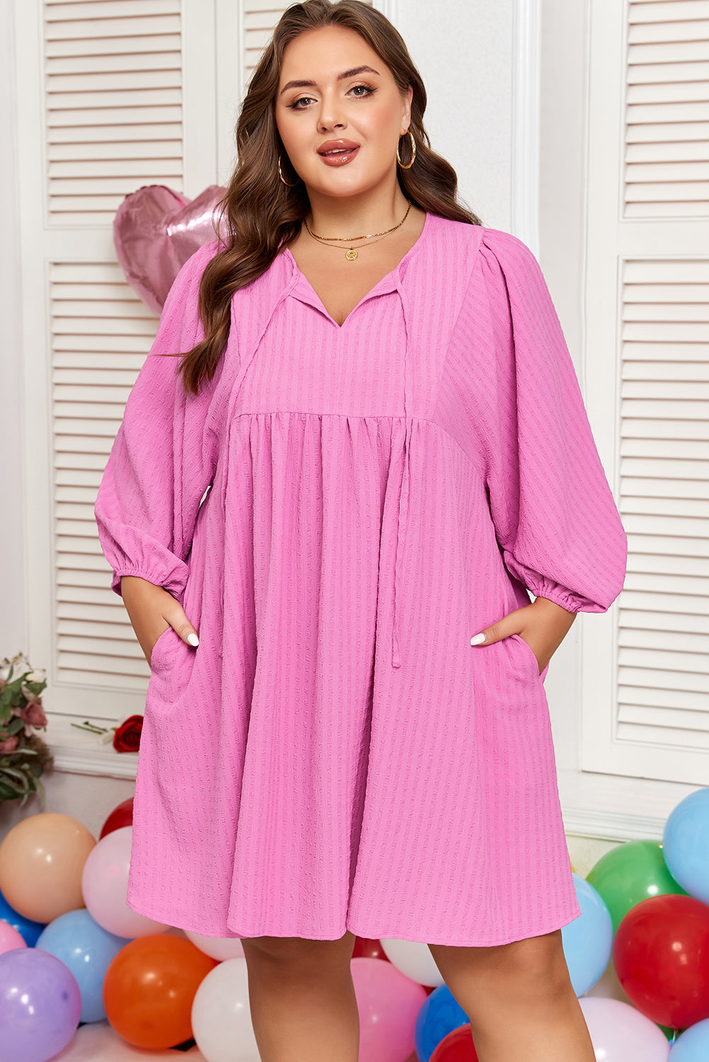 Sachet Pink Textured Tie Split Neck Puff Sleeve Flowy Mini Dress