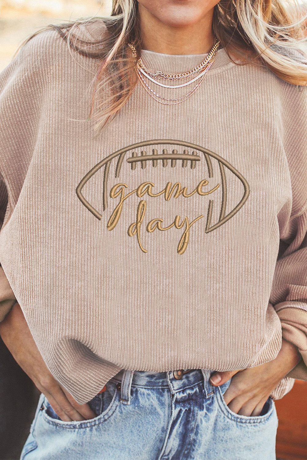 Apricot Rugby Game Day Embroidered Corduroy Sweatshirt (Extended Sizes)