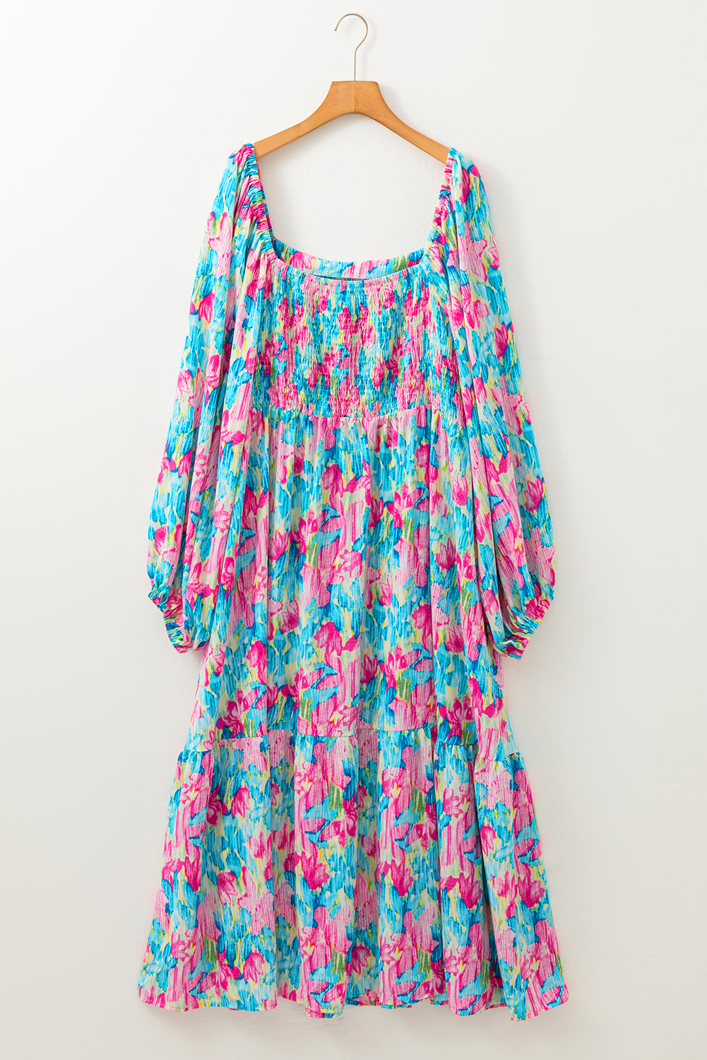 Sky Blue Floral Allover Print Shirred Square Neck Maxi Dress