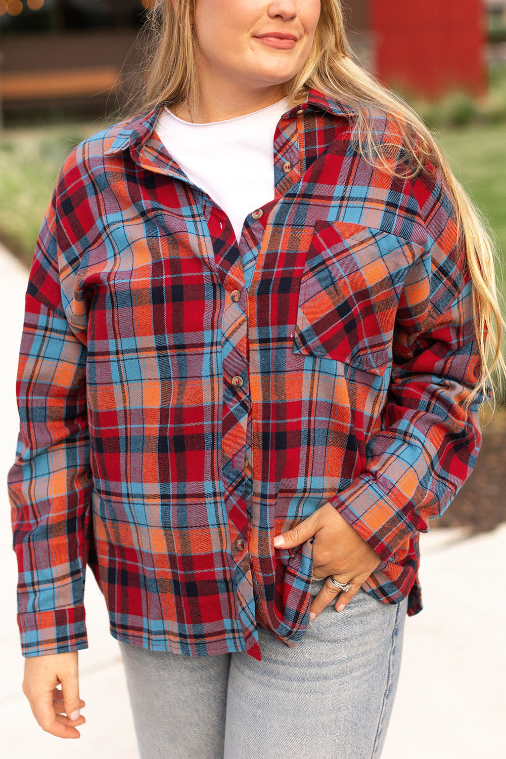 Red Plaid Print Buttoned Shirt