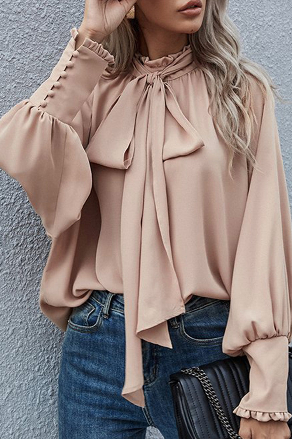 Khaki Frilled Knotted Mock Neck Bishop Sleeve Blouse (Extended Sizes)