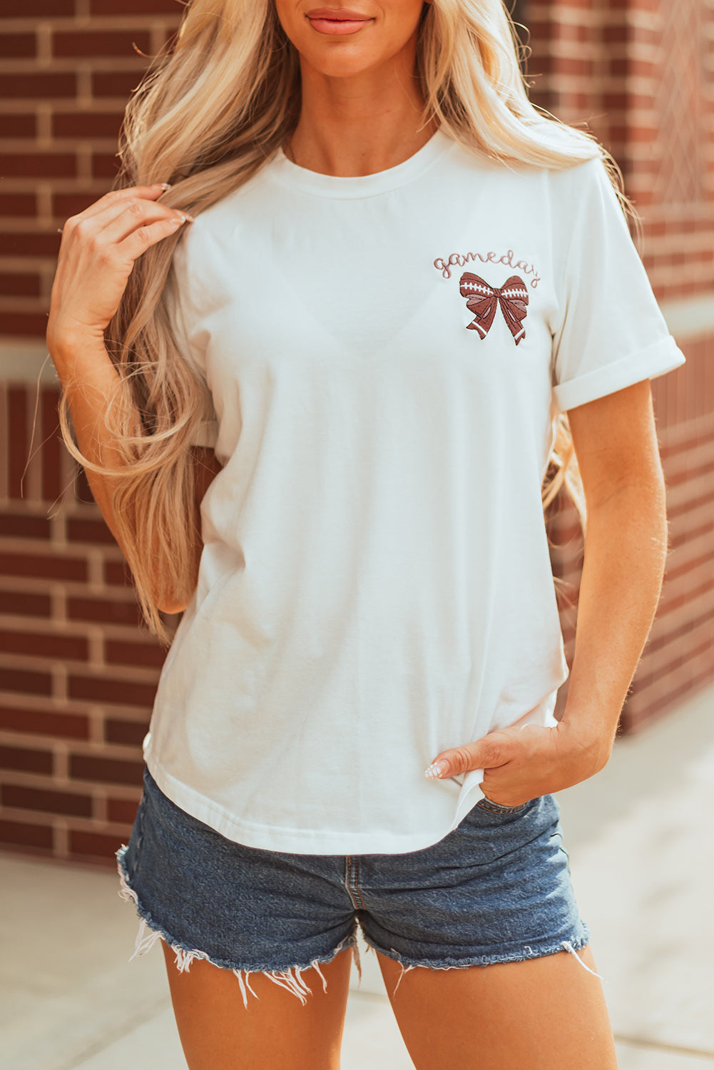 White Game Day Bowknot Embroidered Graphic Casual Tee (Extended Sizes)