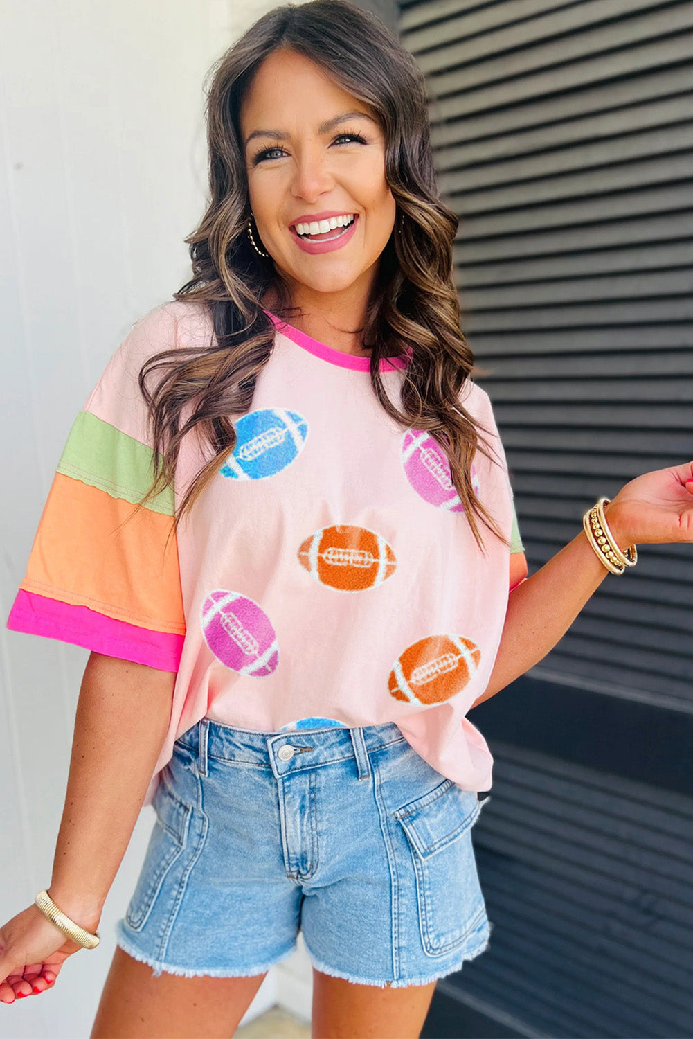 Pink Rugby Chenille Embroidered Color Block Half Sleeve T Shirt (Extended Sizes)