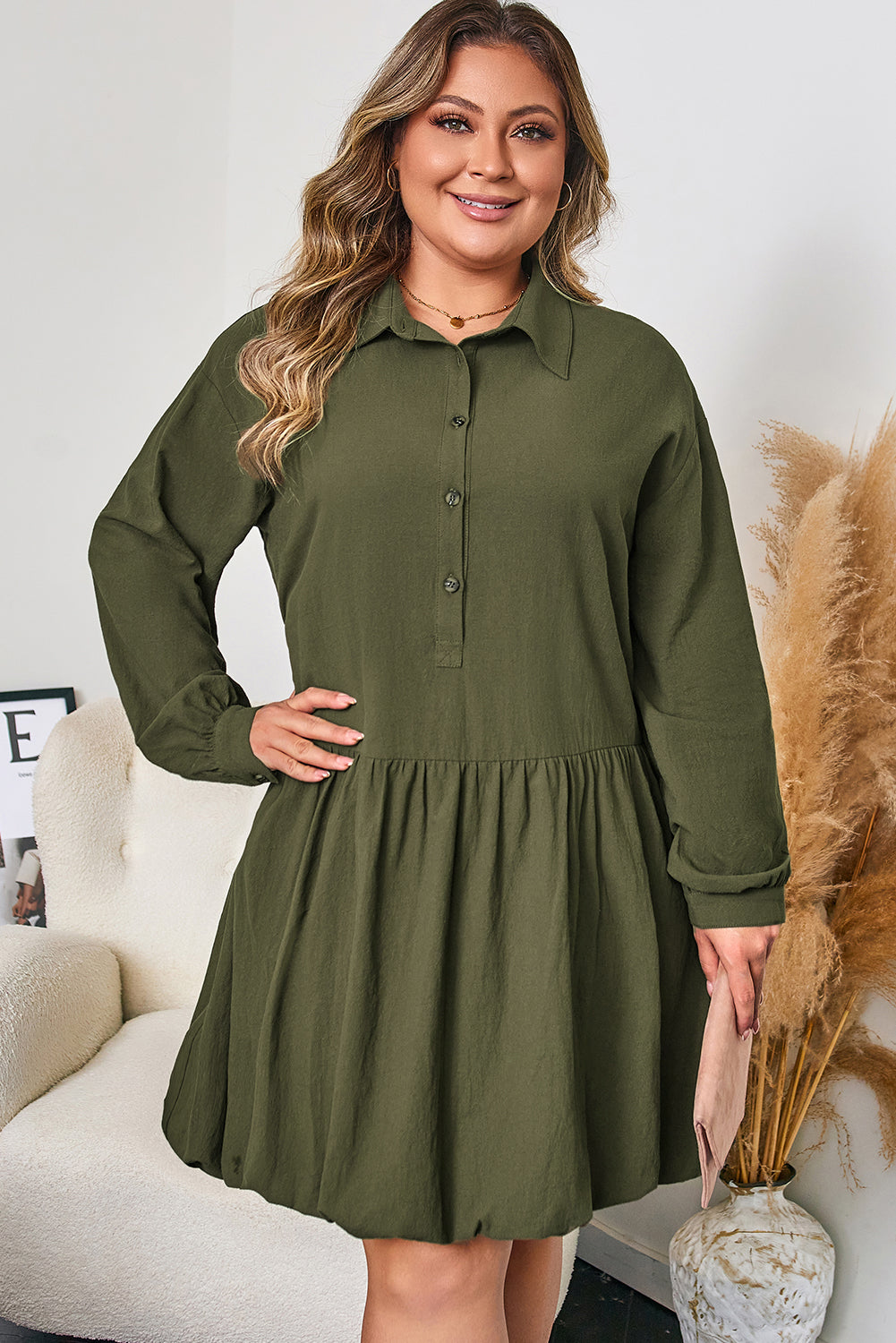 Four Leaf Clover Collar Half Button Long Sleeve Ruffle Hem Mini Dress