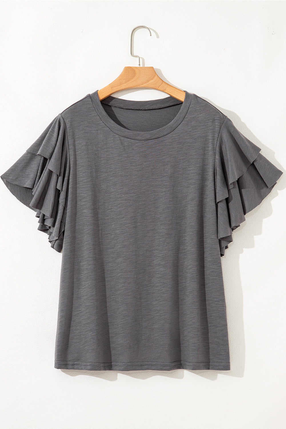 Dark Grey Double Ruffled Short Sleeve Top