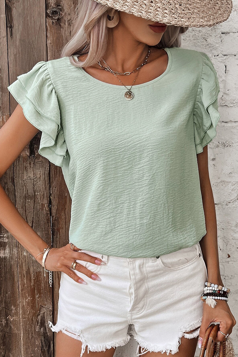 Solid Color Ruffled Short Sleeve Casual Blouse (Other Colors)