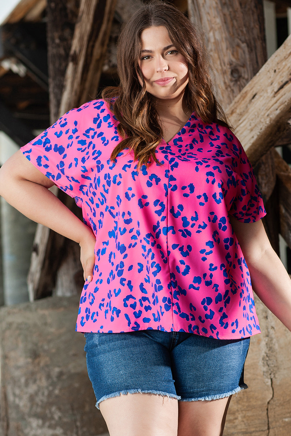 Rose Contrast Leopard Print V Neck Blouse