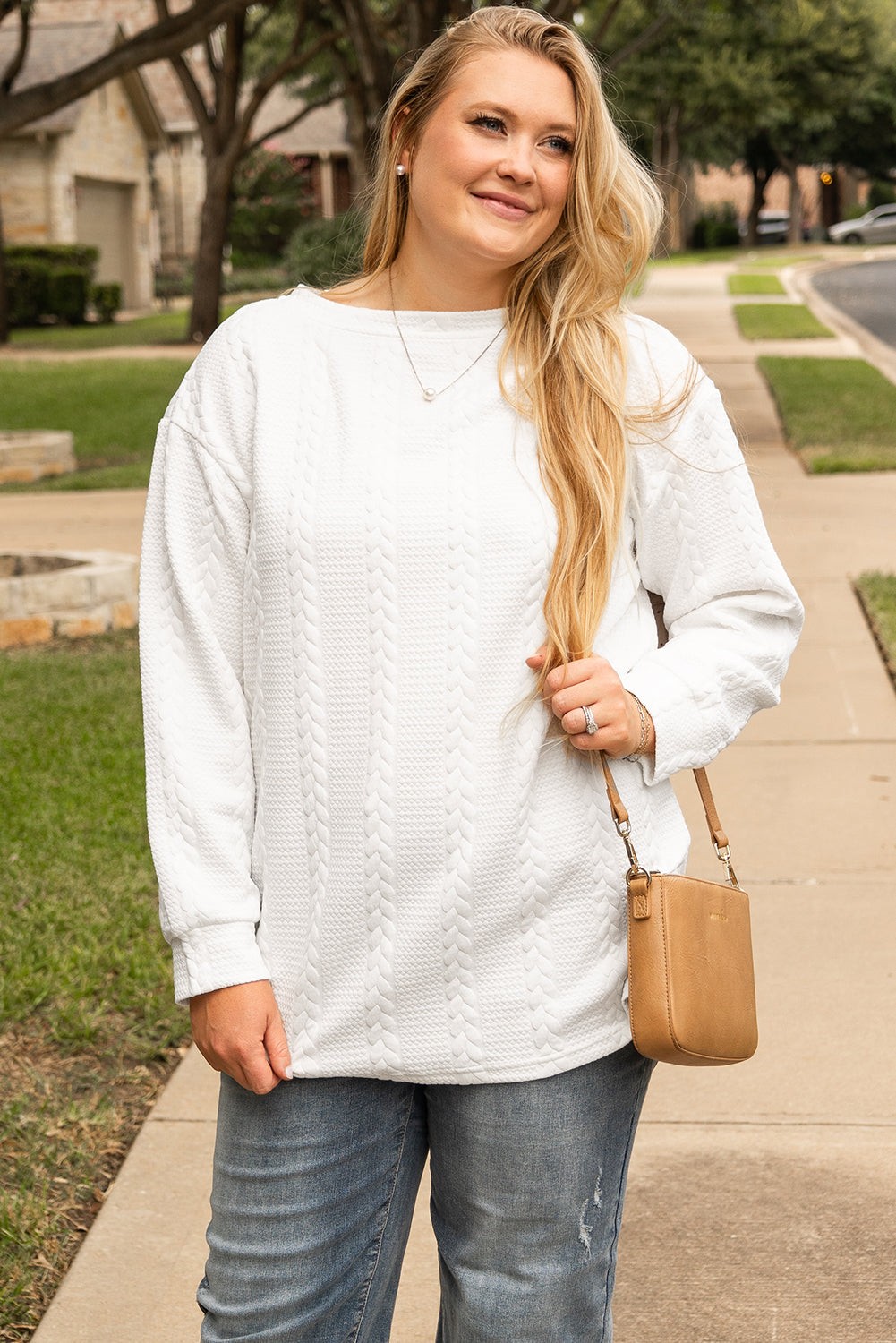 White Cable Textured Loose Sweatshirt