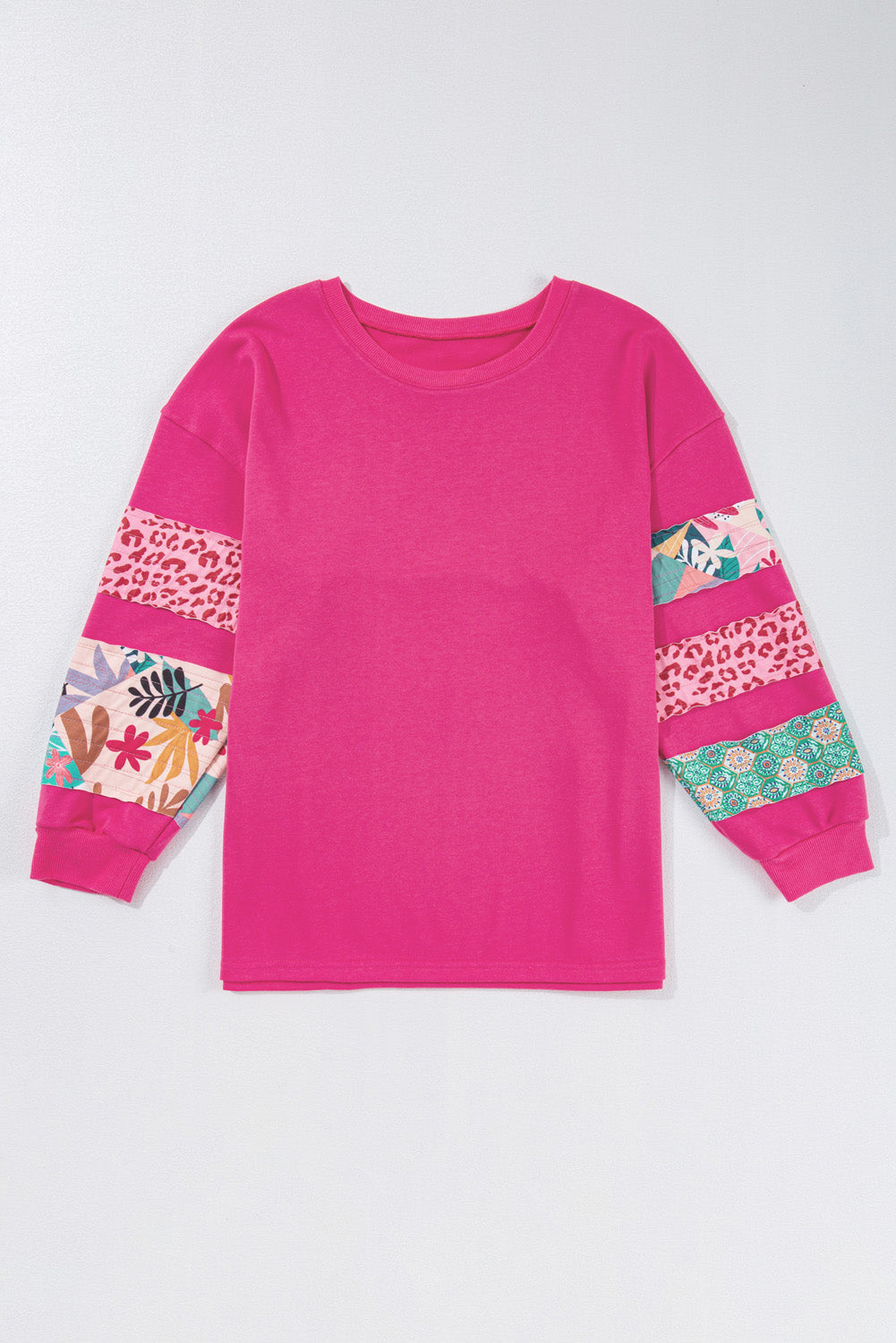 Rose Red Printed Patchwork Sleeve Split Sweatshirt