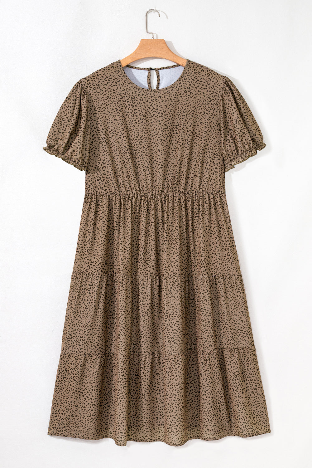 Brown Leopard Print Frill Trim Short Sleeve Flared Dress