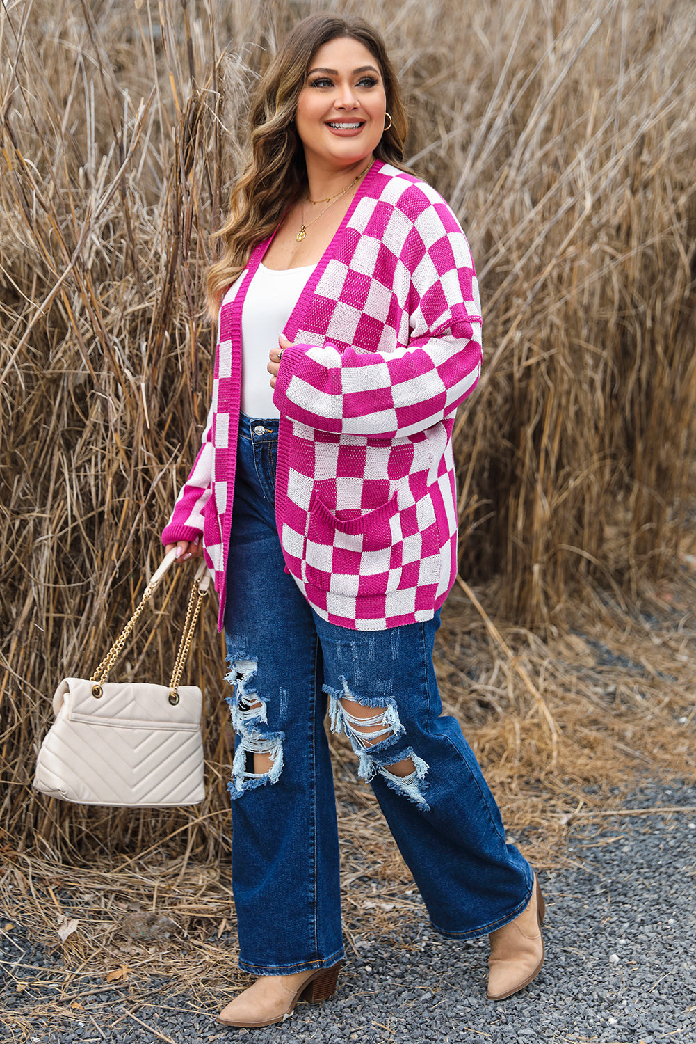 Bonbon Checkered Pattern Open Front Cardigan