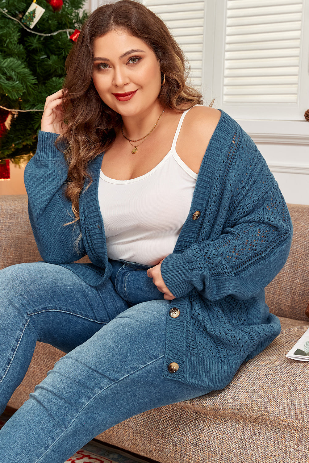 Real Teal Open Knit V Neck Button Front Drop Shoulder Cardigan