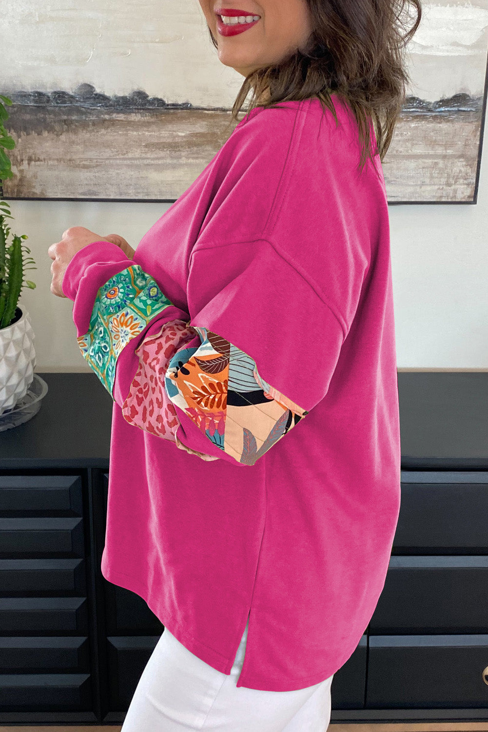 Rose Red Printed Patchwork Sleeve Split Sweatshirt