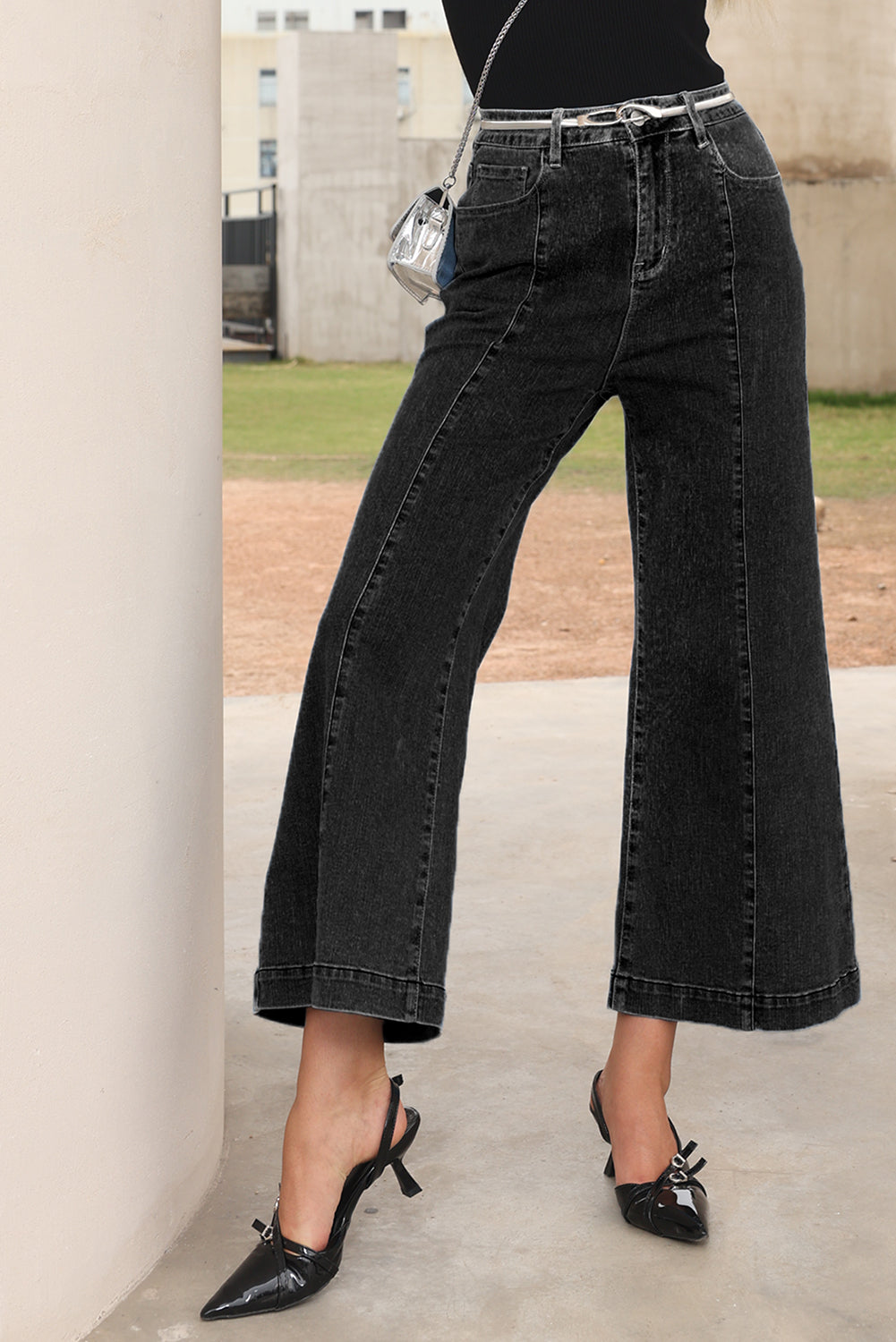 Dark Blue Plain Seam Detail Flared Bottom Ankle Length Jeans (Extended Sizes)