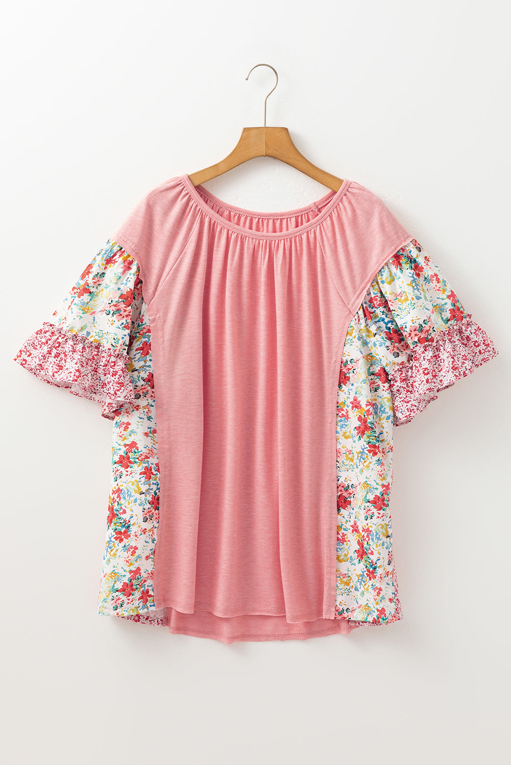Pink Floral Patchwork Ruffled Short Sleeve Blouse