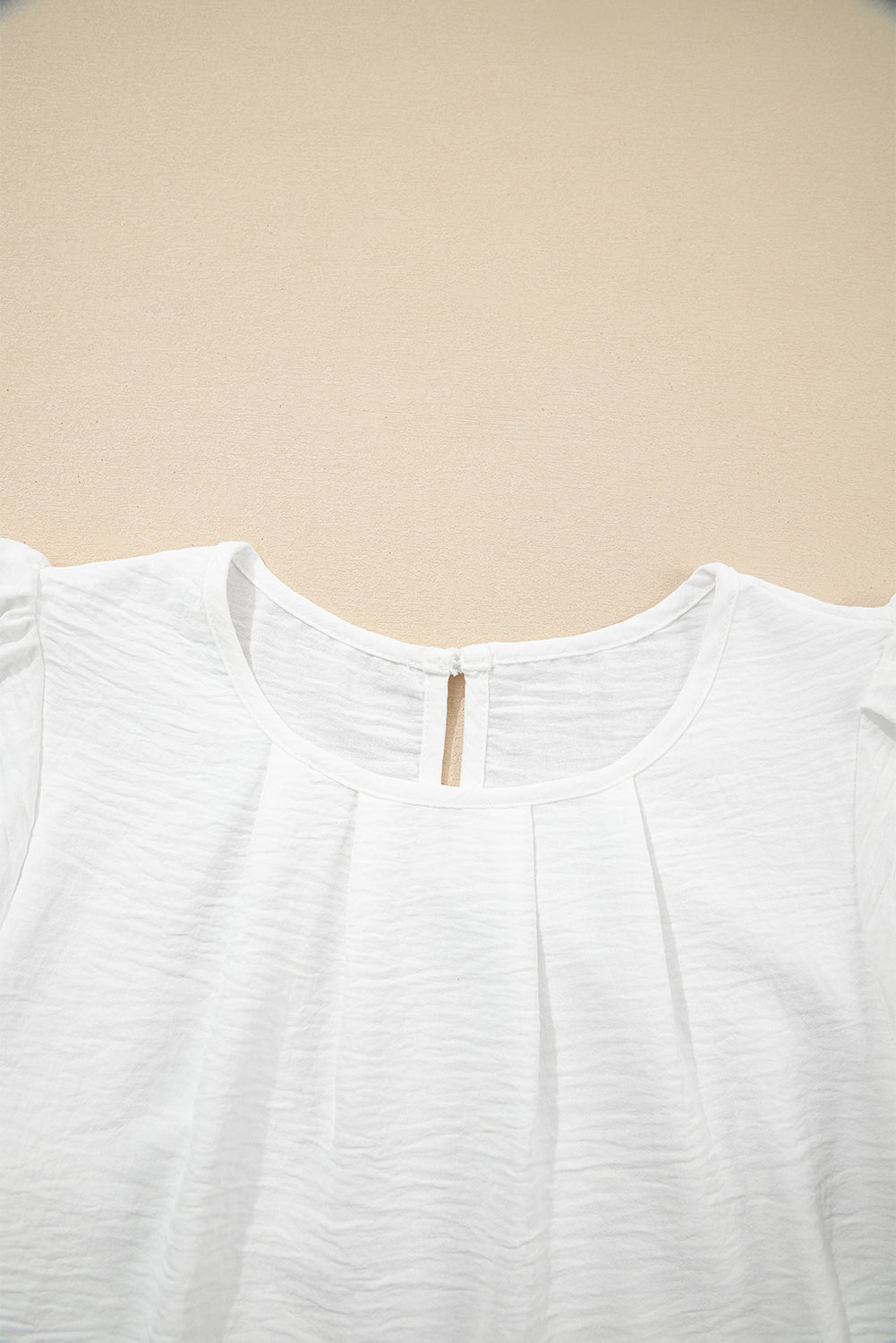 White Flounce Sleeve Pleated Textured Blouse (Extended Sizes)