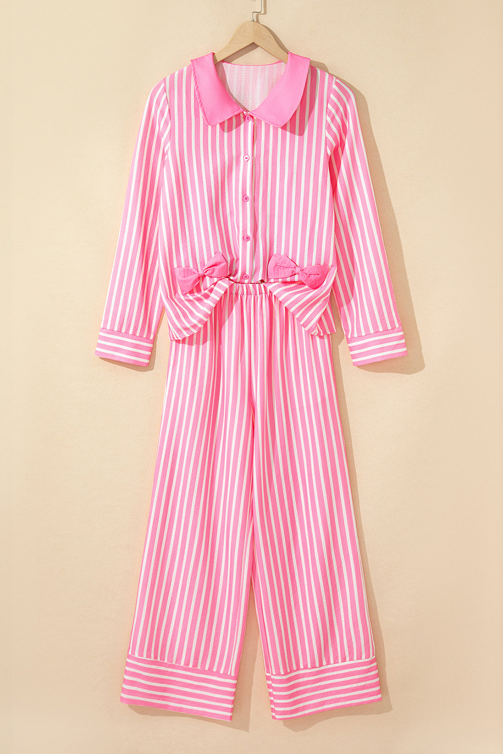 Pink Stripe Buttoned Long Sleeve 2 Piece Sleepwear