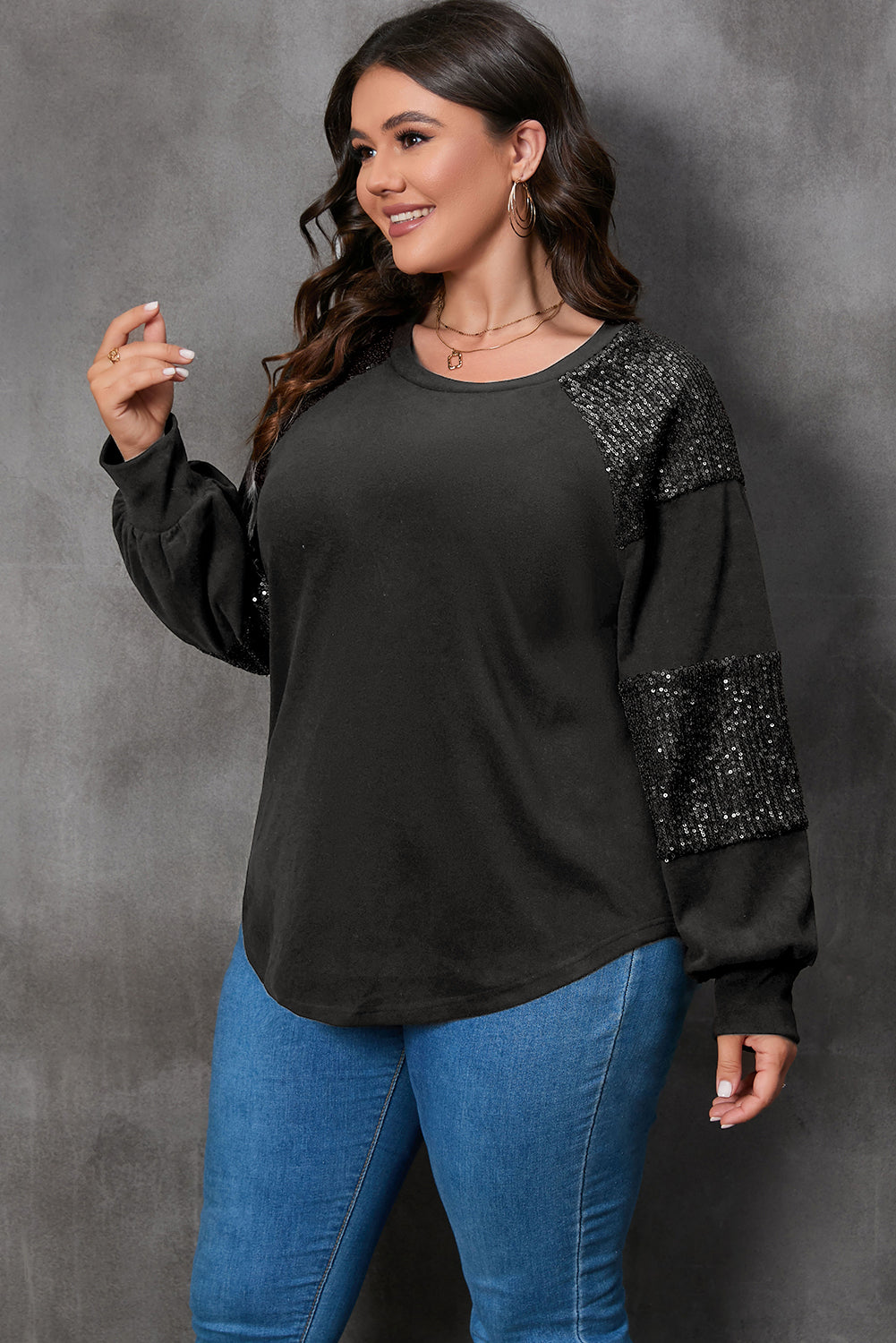 Black Sequin Patchwork Crew Neck Long Sleeve Top