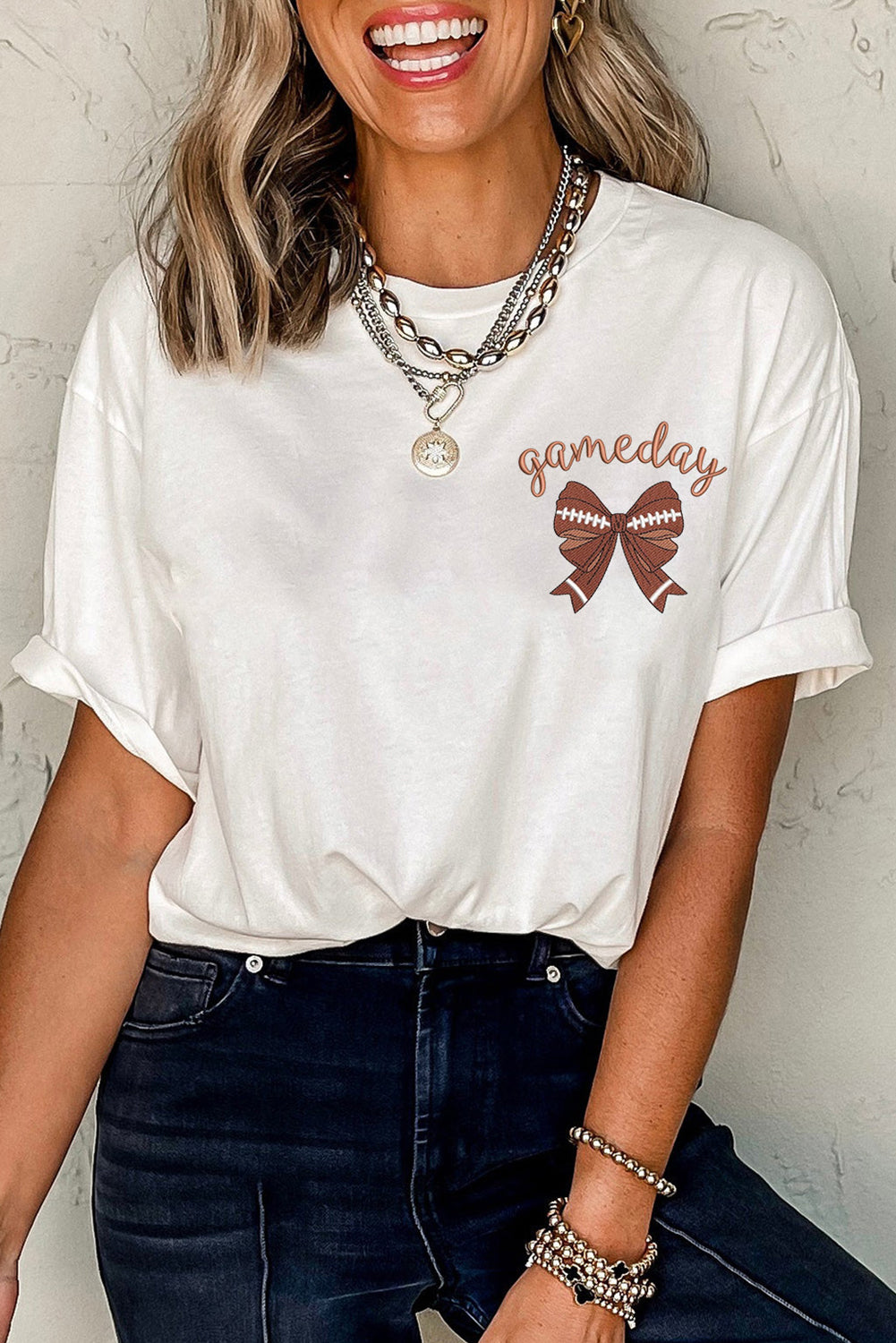 White Game Day Bowknot Embroidered Graphic Casual Tee (Extended Sizes)