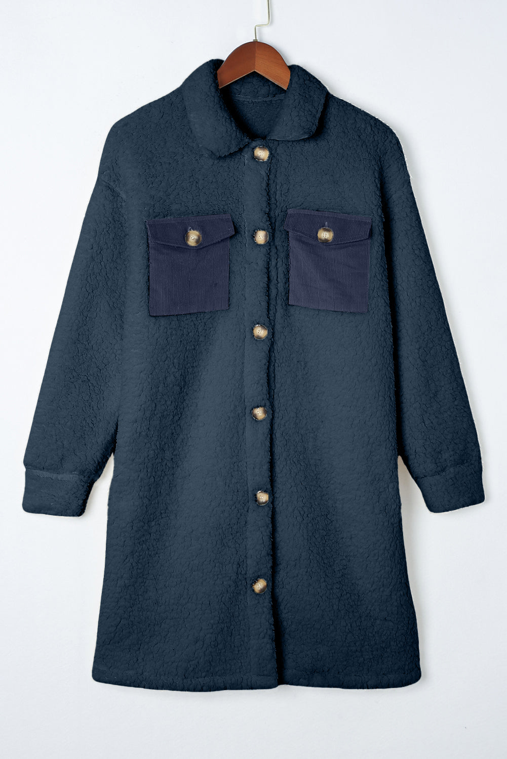 Blue Contrast Flap Pocket Single Breasted Teddy Coat (Extended Sizes)