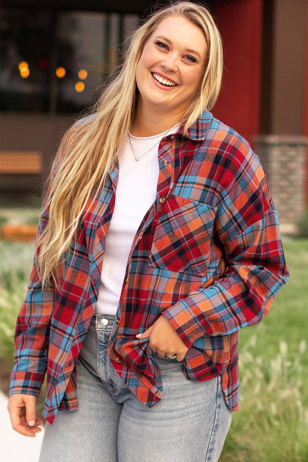 Red Plaid Print Buttoned Shirt