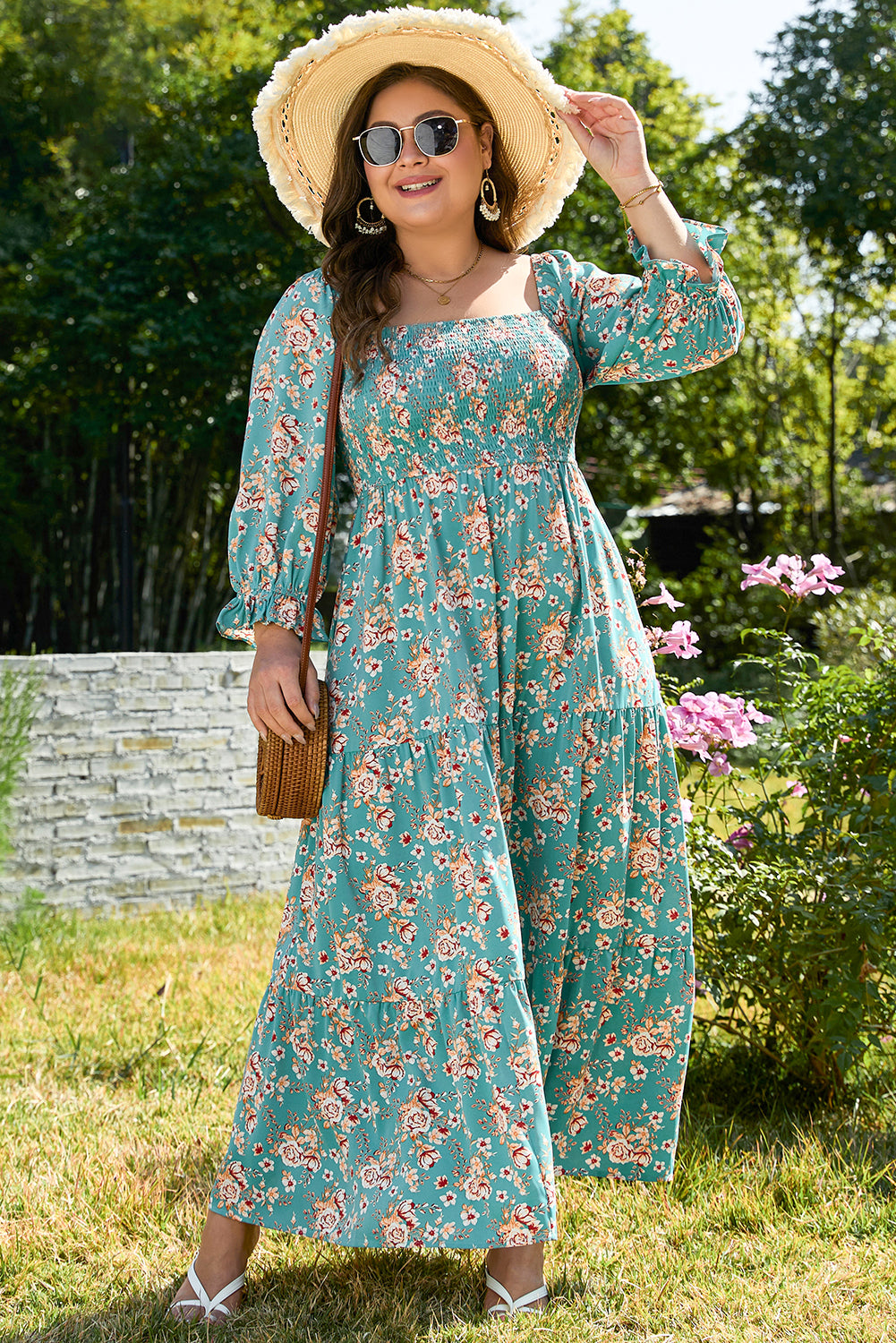 Green Floral Print Square Neck Smocked Maxi Dress