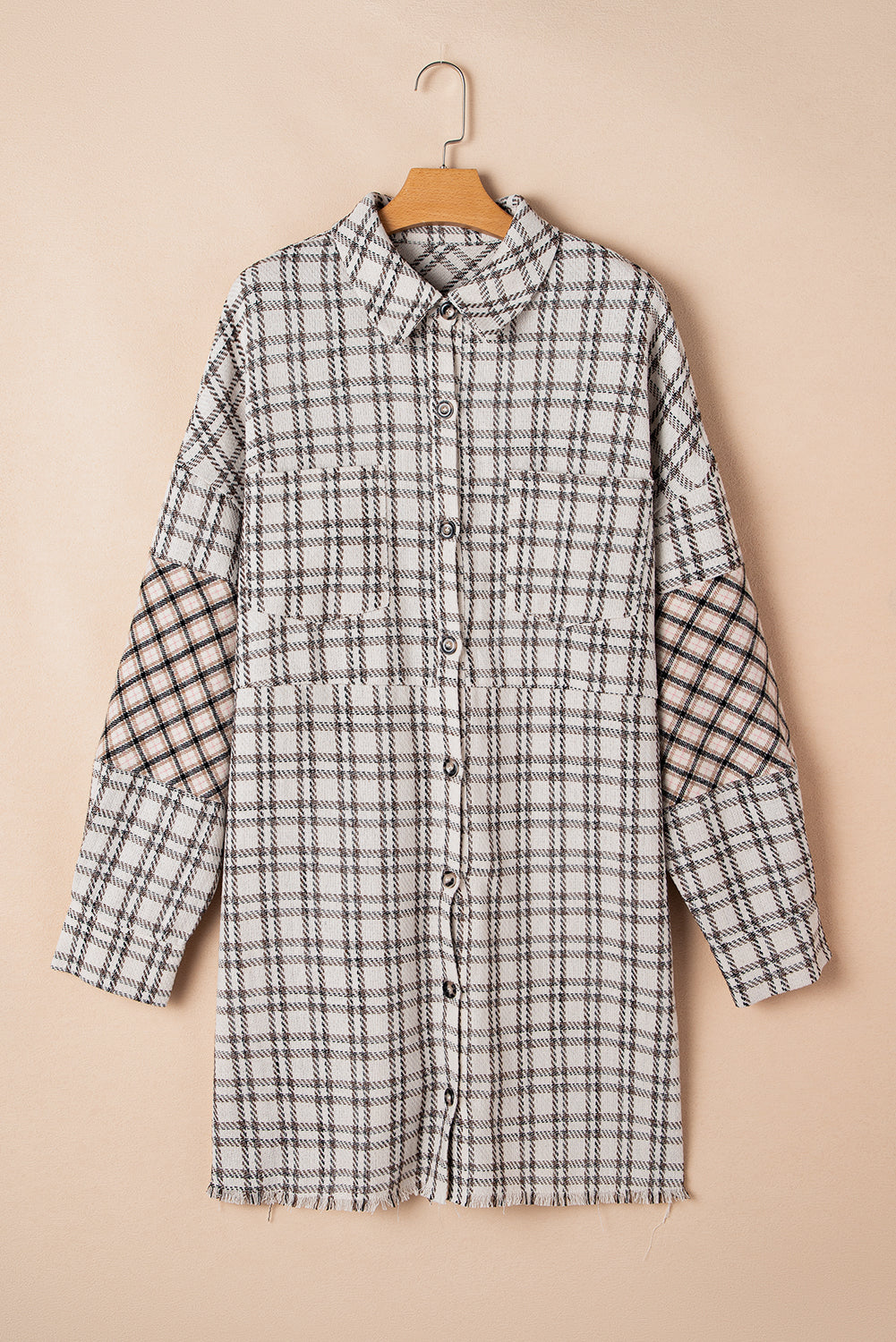 White Stripe Plaid Buttoned Raw Hem Tunic Shirt Dress