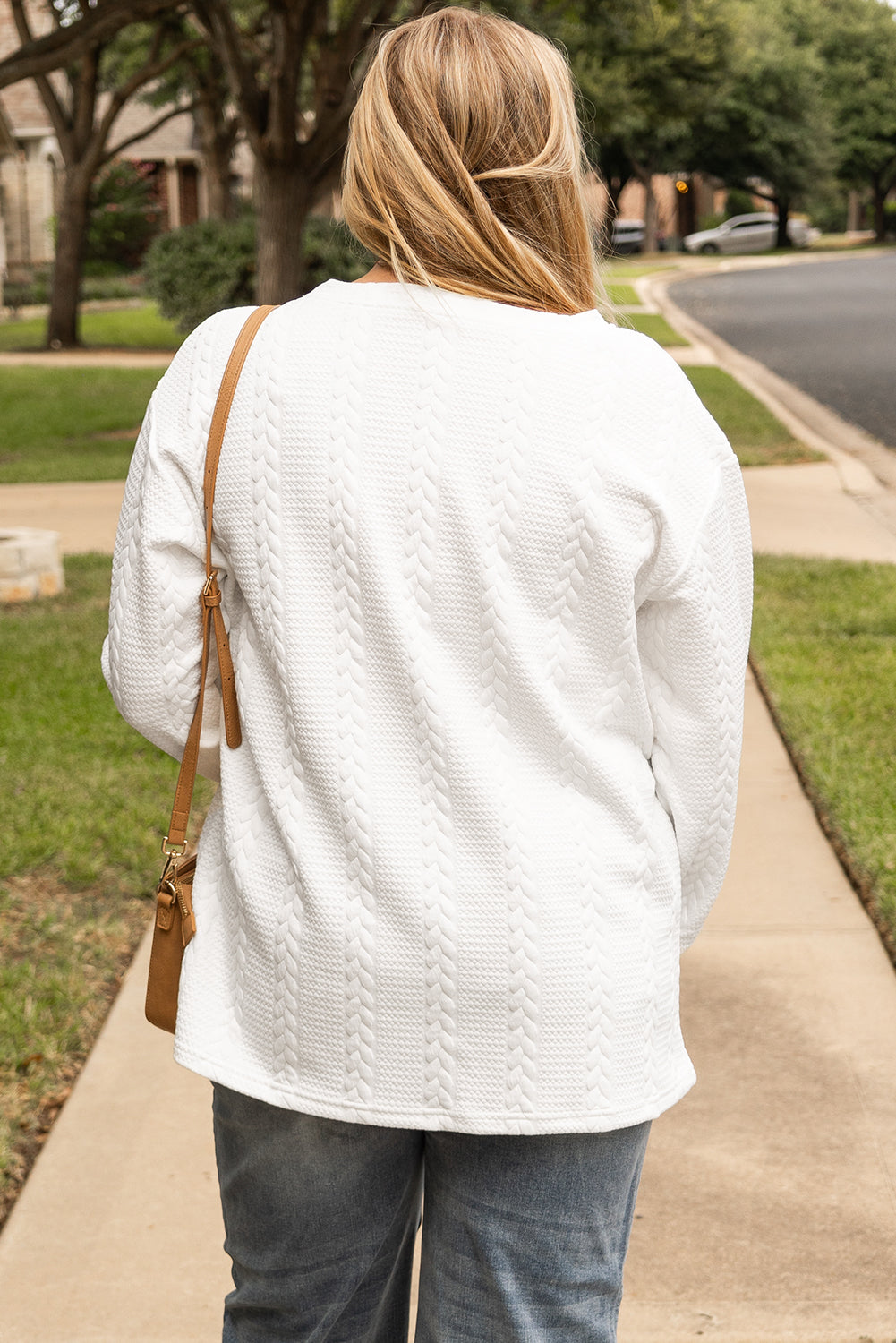 White Cable Textured Loose Sweatshirt