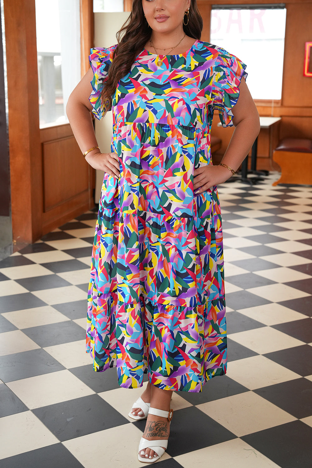 Blue Geometric Print Ruffled Short Sleeve Tiered Maxi Dress