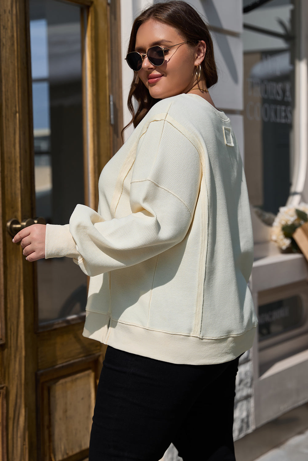 White Solid Color Waffle Knit Drop Shoulder Sweatshirt