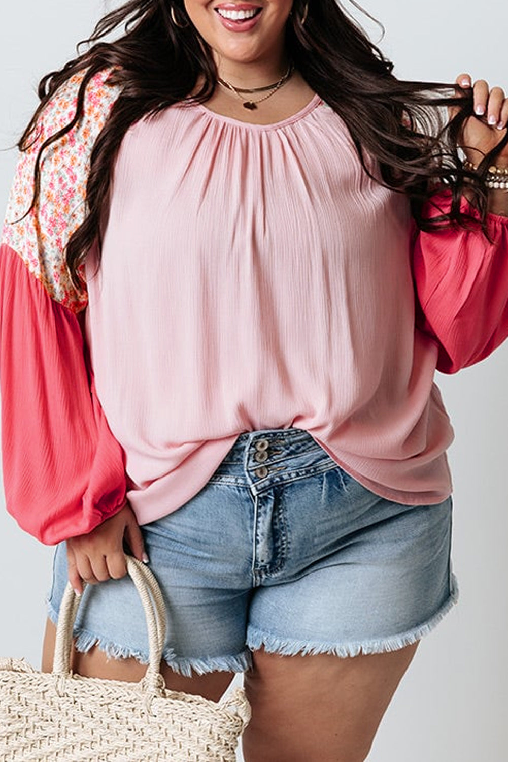 Pink Contrast Floral Patchwork Long Sleeve Blouse